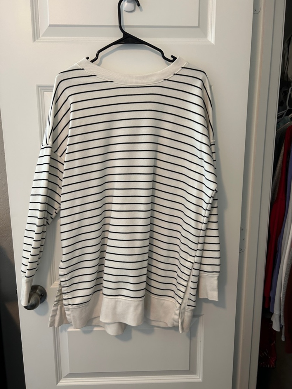 Old Navy White and Black Striped Crewneck Pullover